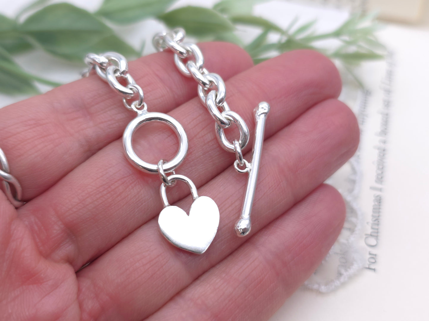 Sterling Silver Chunky Heart Charm Toggle Bracelet