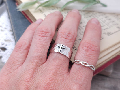 Sterling "Old Rugged" Cross Ring / Faith / Rustic / Wide Band