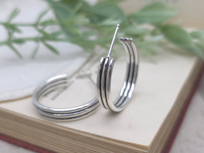 Sterling Silver Triple Bar Linear Hoops