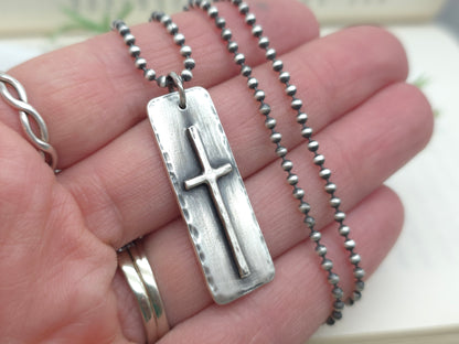 MENS Sterling Silver Cross  Necklace / Rugged Cross / Faith  / Dog Tag