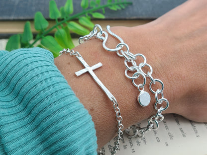 Sterling Hammered Sideways Cross Bracelet