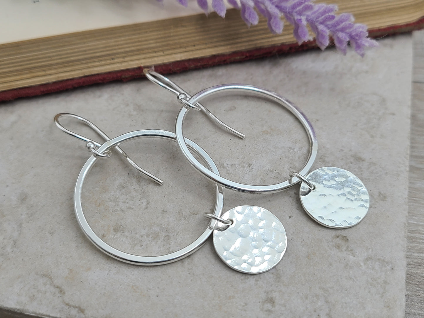 Sterling Silver Hammered Disc Hoop Earrings