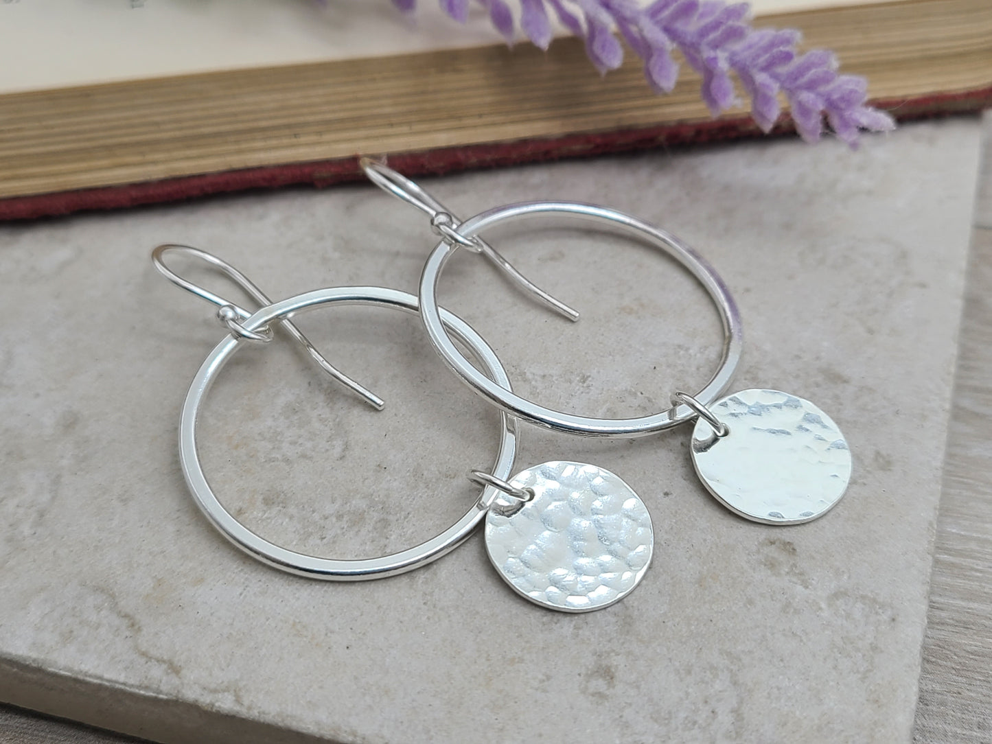 Sterling Silver Hammered Disc Hoop Earrings