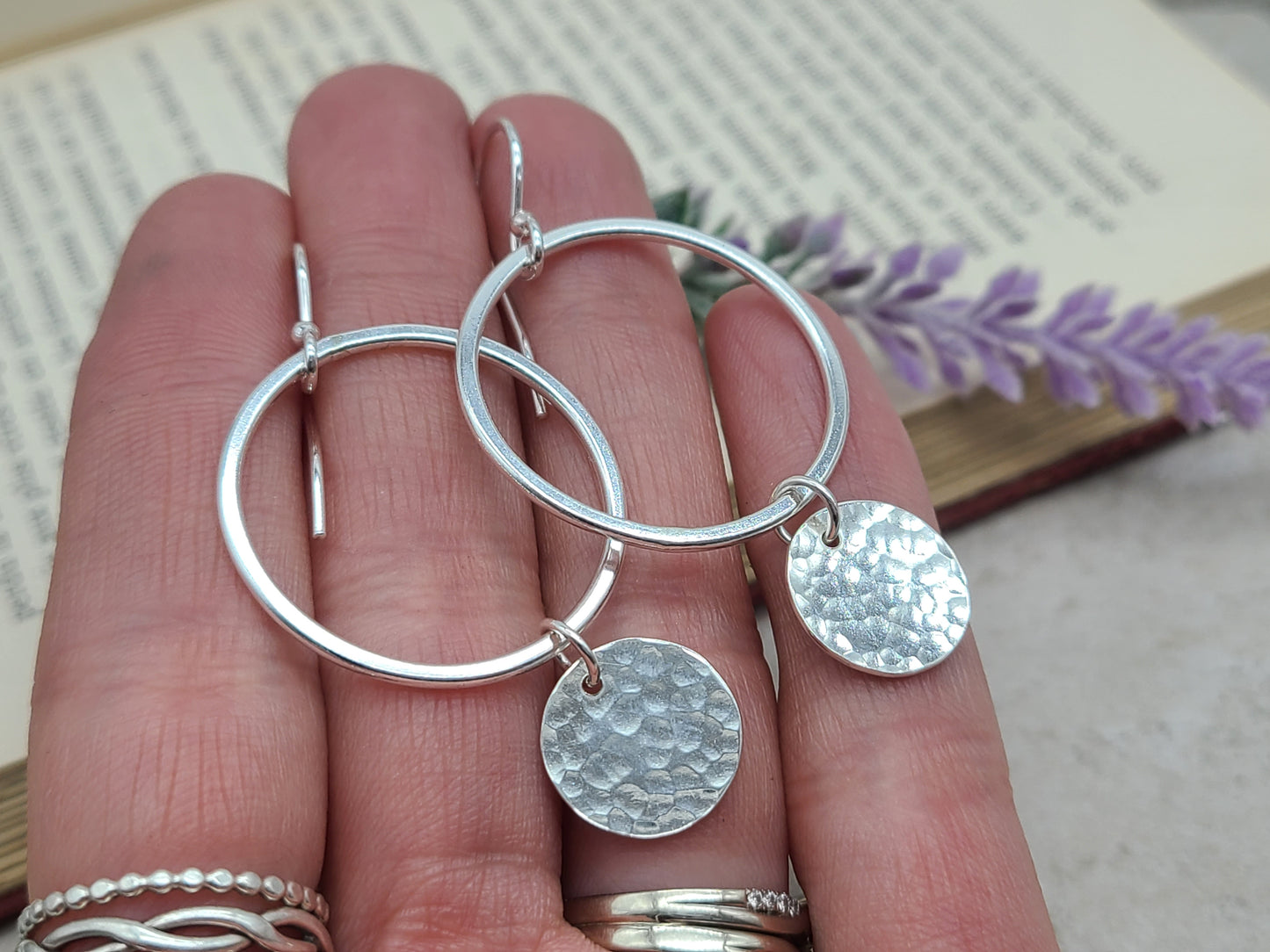 Sterling Silver Hammered Disc Hoop Earrings