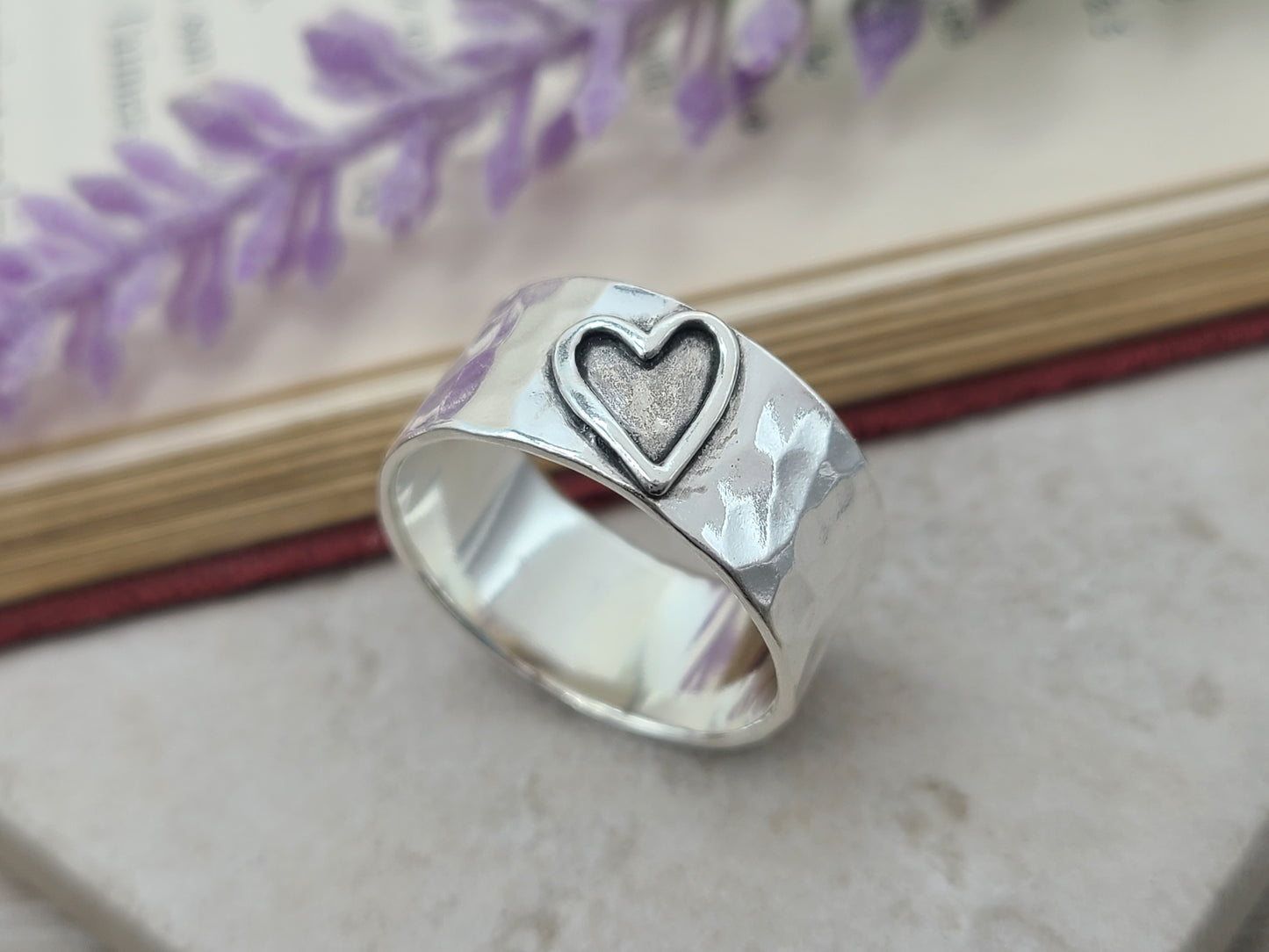 Sterling Heart Ring / Wide Band / Open Heart