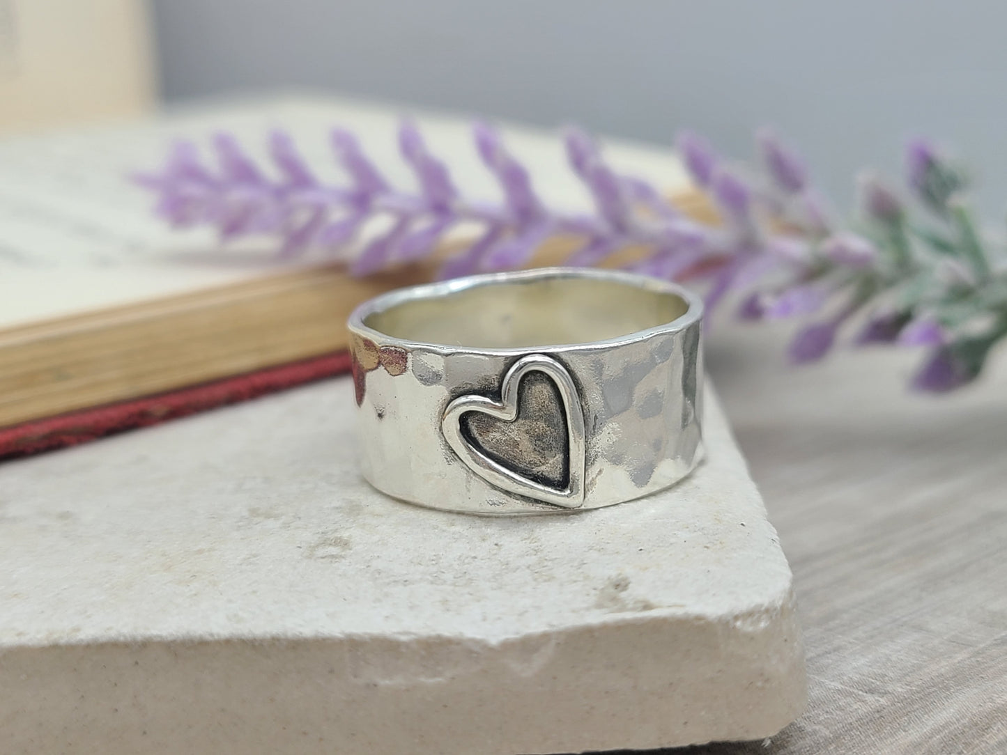 Sterling Heart Ring / Wide Band / Open Heart