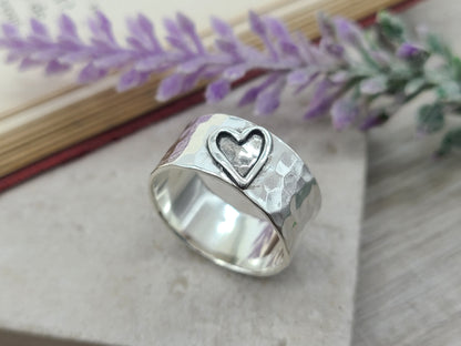 Sterling Heart Ring / Wide Band / Open Heart