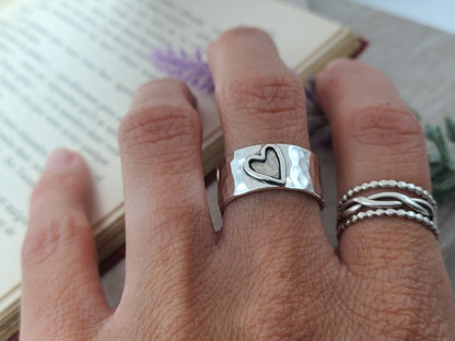 Sterling Heart Ring / Wide Band / Open Heart