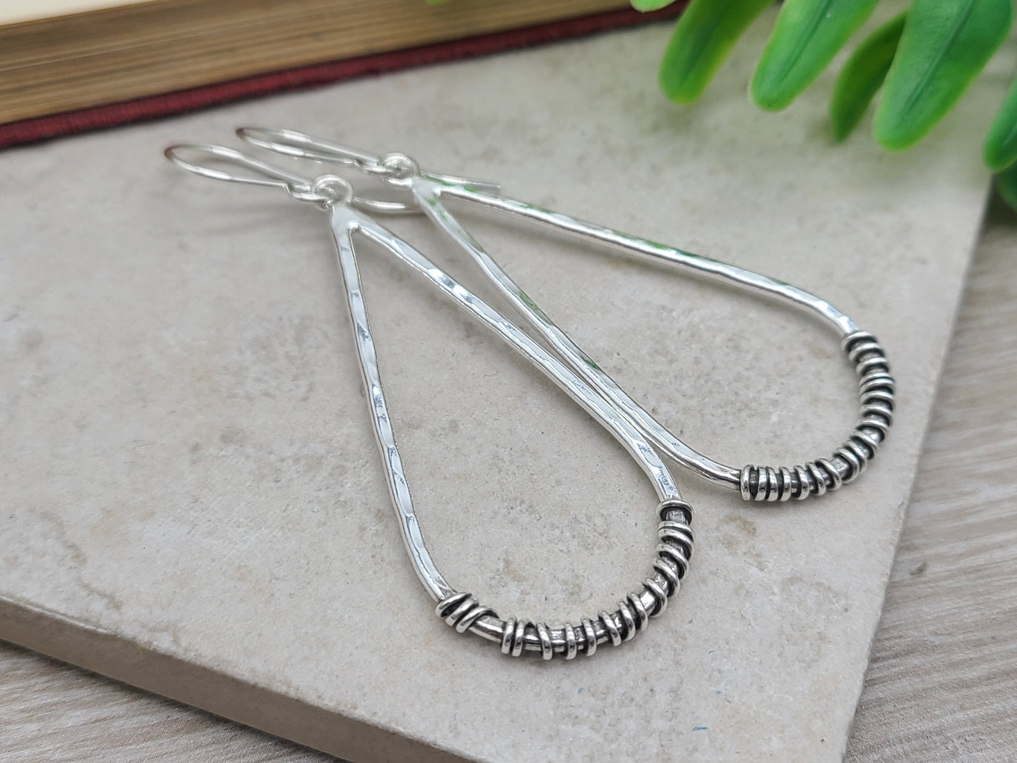 Sterling Silver Hammer Long Teardrop Earrings / Sterling Hoop Earrings