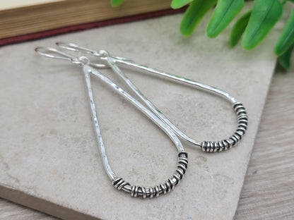 Sterling Silver Hammer Long Teardrop Earrings / Sterling Hoop Earrings