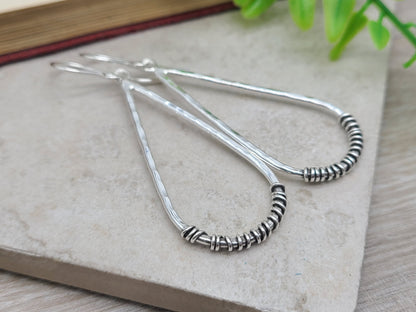 Sterling Silver Hammer Long Teardrop Earrings / Sterling Hoop Earrings