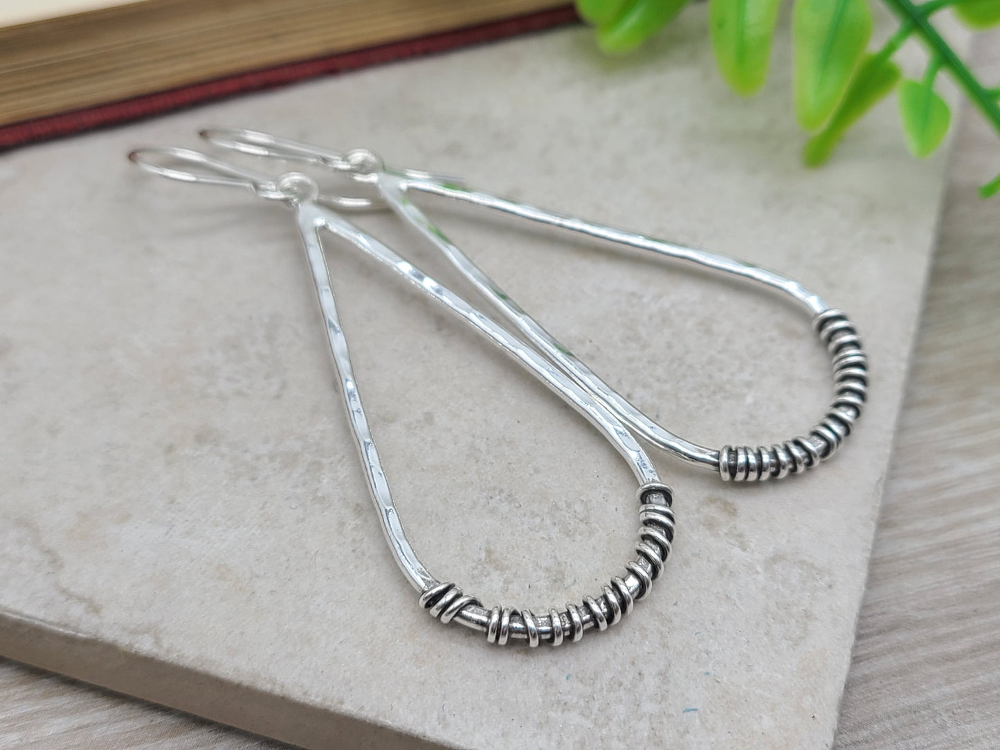 Sterling Silver Hammer Long Teardrop Earrings / Sterling Hoop Earrings