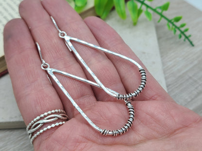 Sterling Silver Hammer Long Teardrop Earrings / Sterling Hoop Earrings