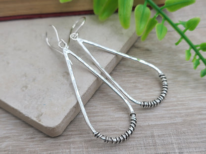 Sterling Silver Hammer Long Teardrop Earrings / Sterling Hoop Earrings