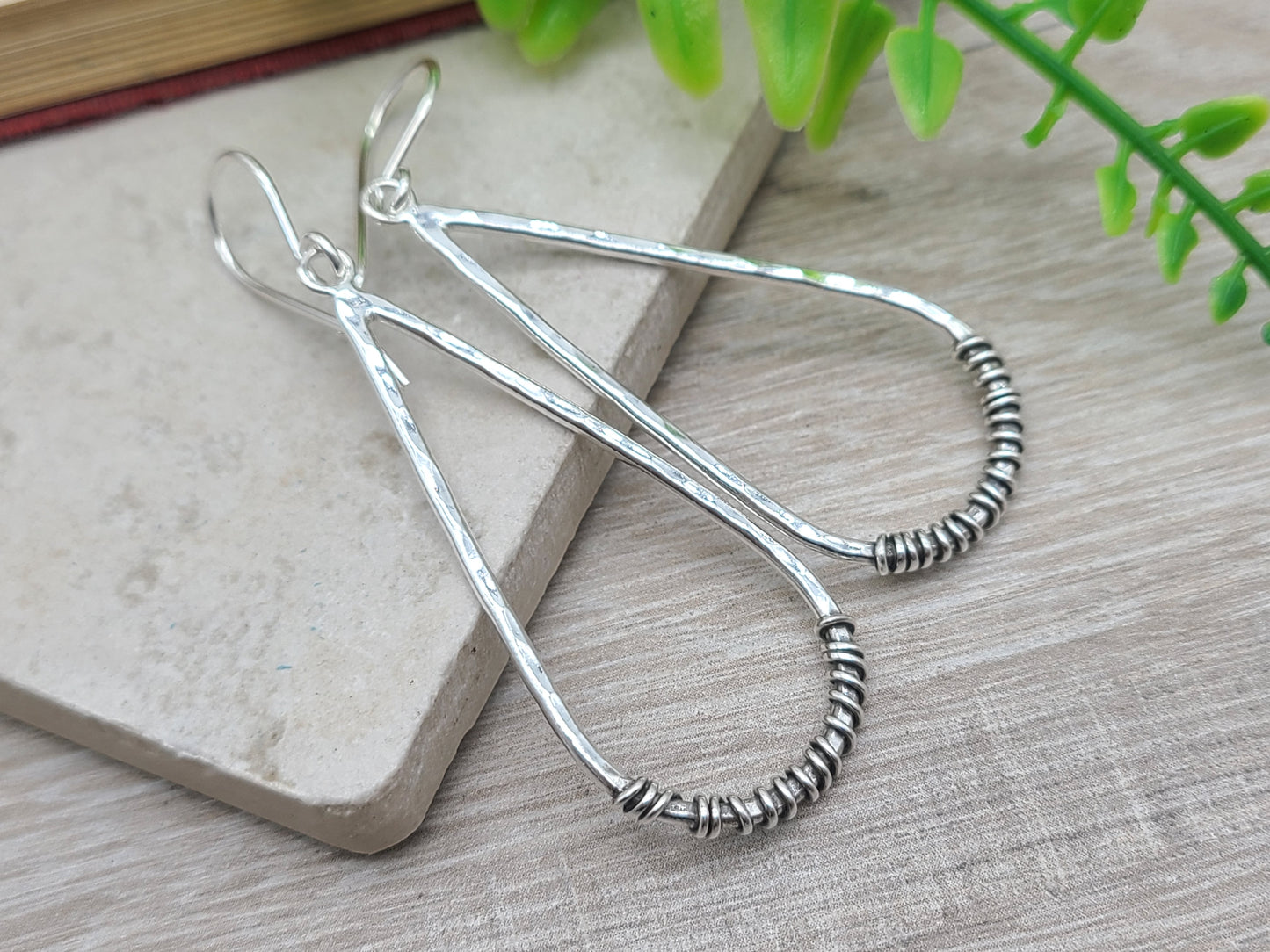 Sterling Silver Hammer Long Teardrop Earrings / Sterling Hoop Earrings