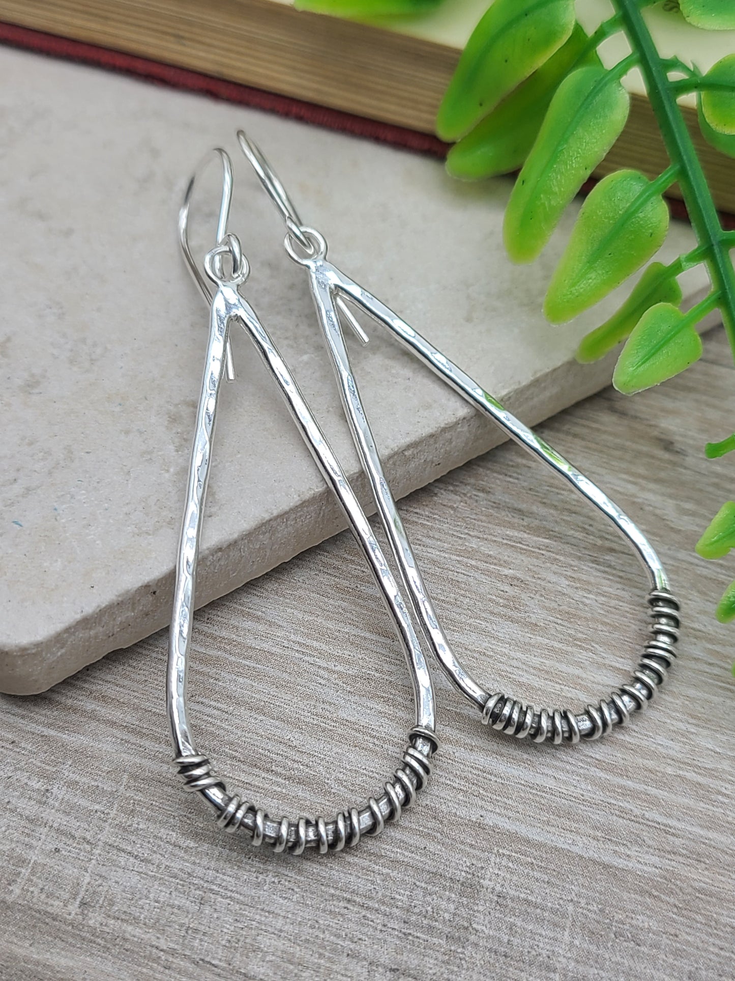 Sterling Silver Hammer Long Teardrop Earrings / Sterling Hoop Earrings