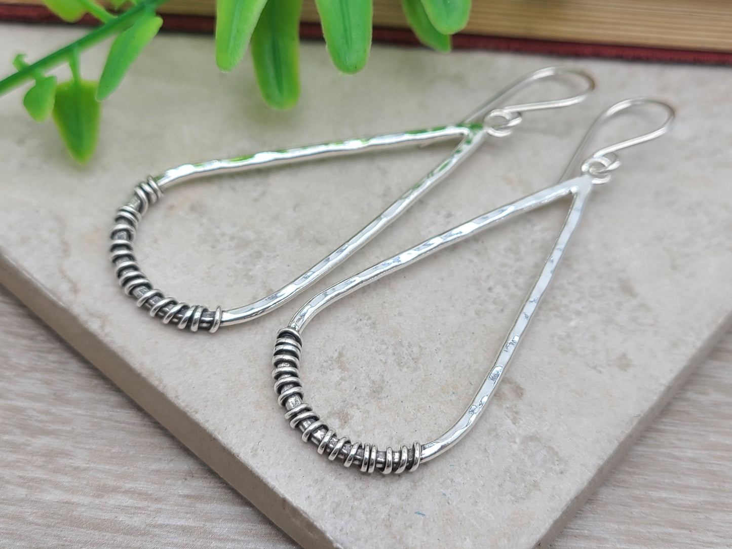 Sterling Silver Hammer Long Teardrop Earrings / Sterling Hoop Earrings