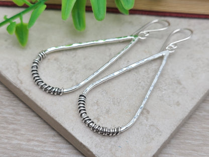 Sterling Silver Hammer Long Teardrop Earrings / Sterling Hoop Earrings