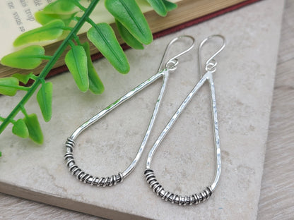 Sterling Silver Hammer Long Teardrop Earrings / Sterling Hoop Earrings