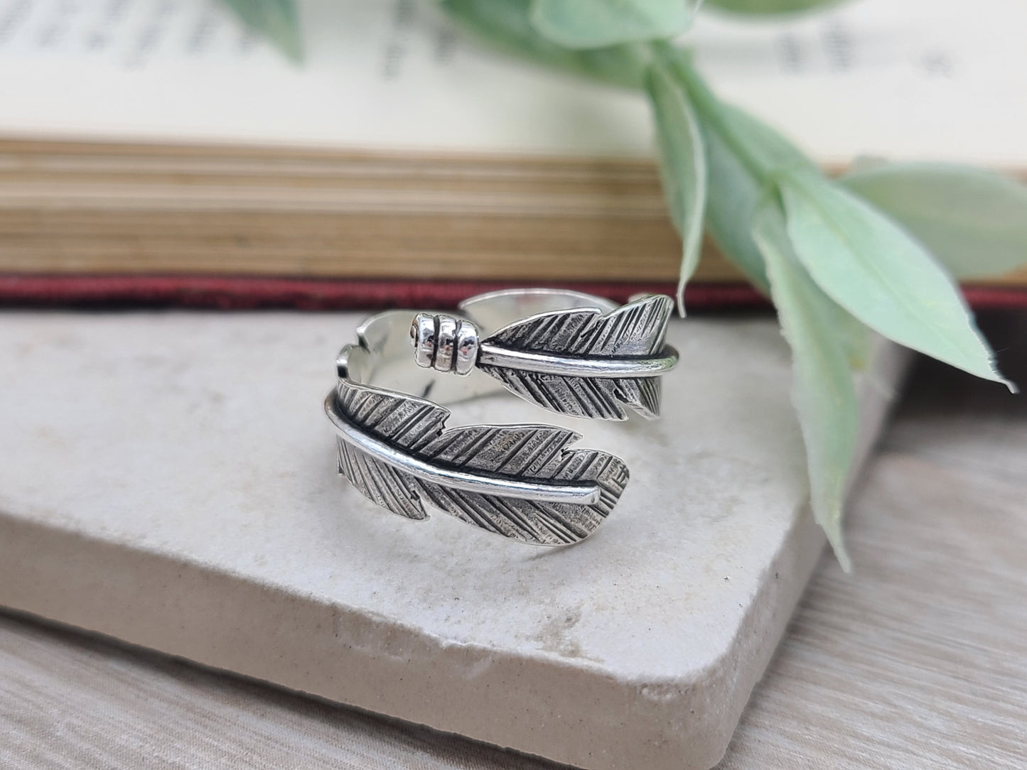 Sterling Feather Ring / Adjustable  / Bypass Ring /