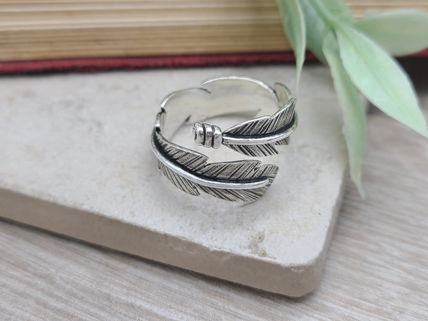 Sterling Feather Ring / Adjustable  / Bypass Ring /