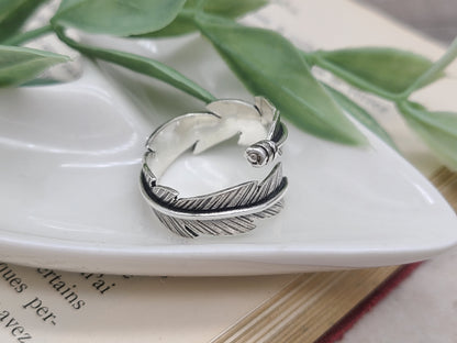 Sterling Feather Ring / Adjustable  / Bypass Ring /