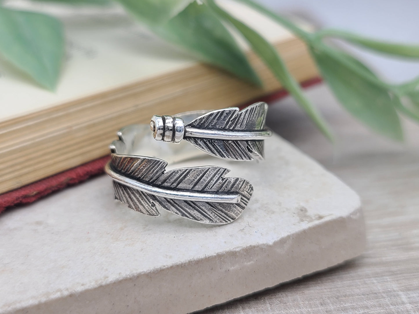 Sterling Feather Ring / Adjustable  / Bypass Ring /