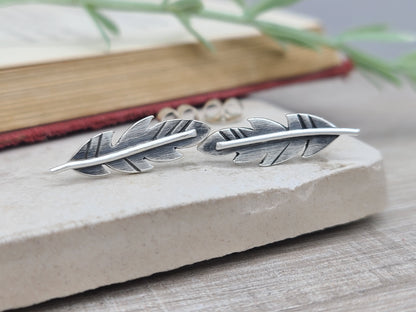 Sterling Silver Feather Stud Earrings / Feather Earrings / Climber Earrings / Gypsy / Tribal