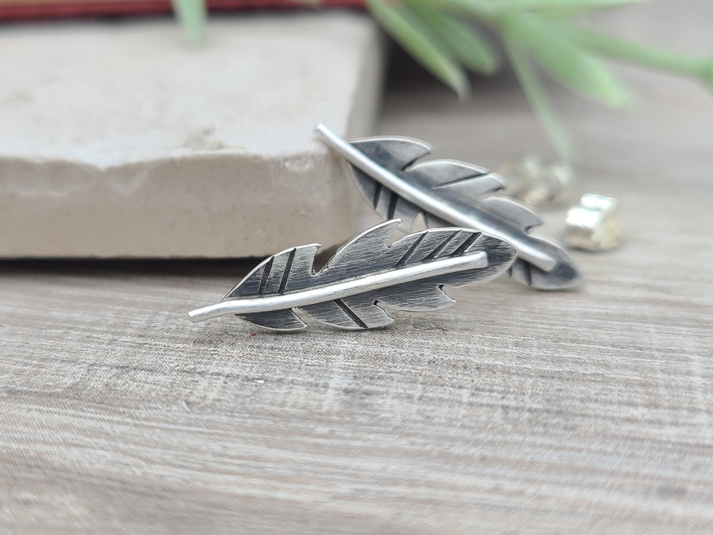 Sterling Silver Feather Stud Earrings / Feather Earrings / Climber Earrings / Gypsy / Tribal