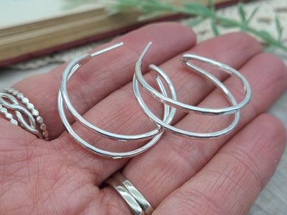 1" Sterling Double Hammered Hoop Earrings