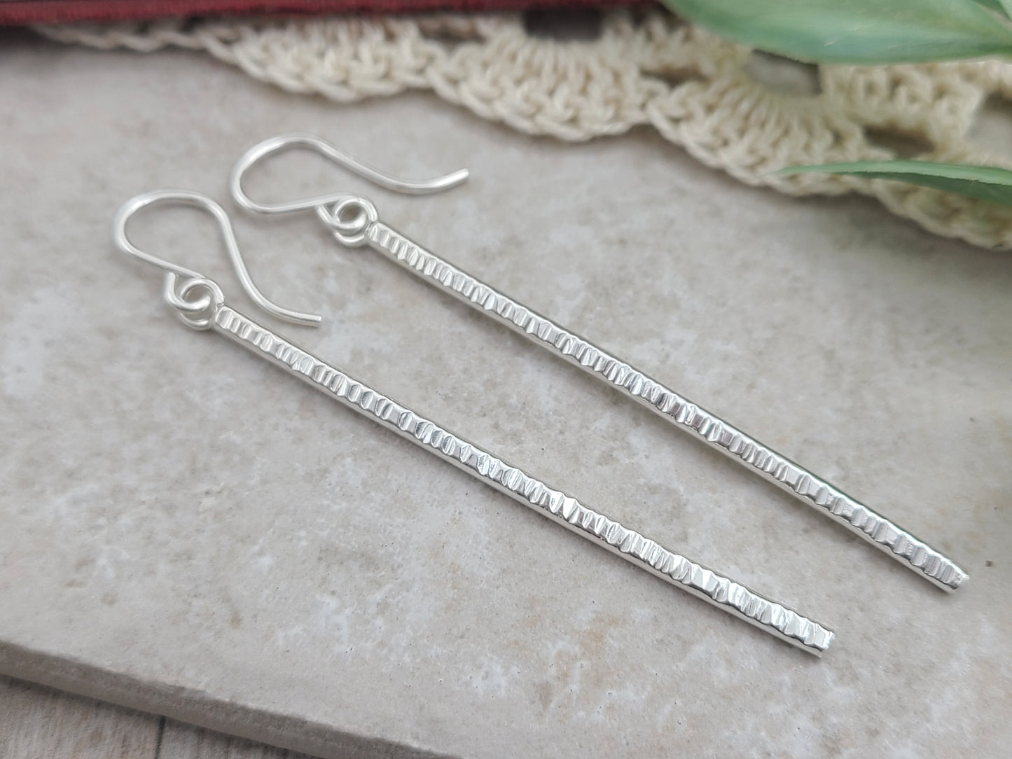 Sterling Hammered Stick Bar Long Earrings