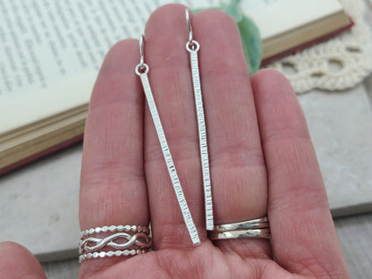 Sterling Hammered Stick Bar Long Earrings