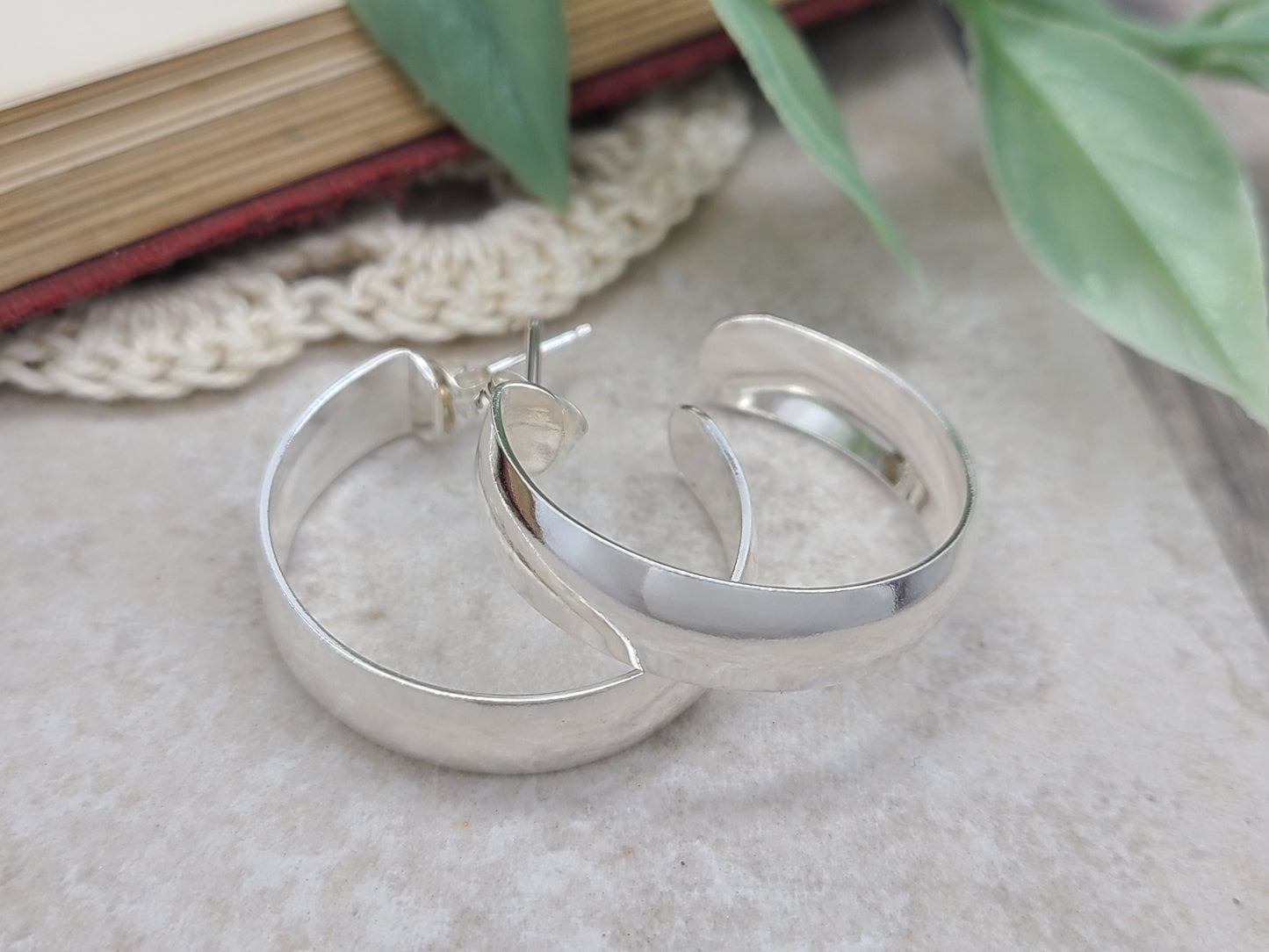 Sterling Silver Wide Curved Hoop Earrings