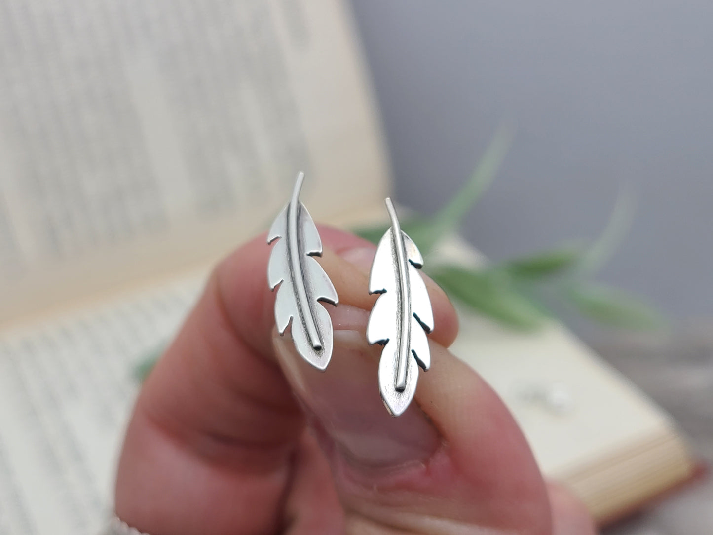 Sterling Silver Simple Feather Stud Earrings