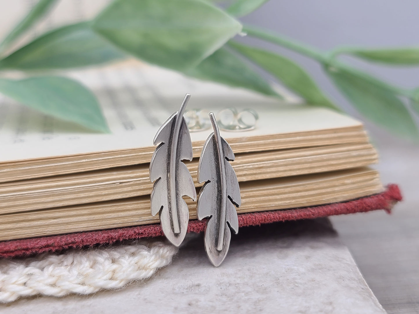 Sterling Silver Simple Feather Stud Earrings