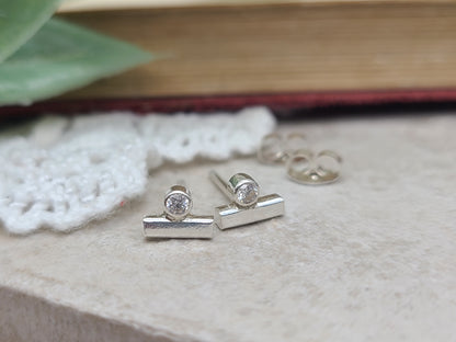 Small Sterling Bar and Swarovski Crystal Stud Earrings