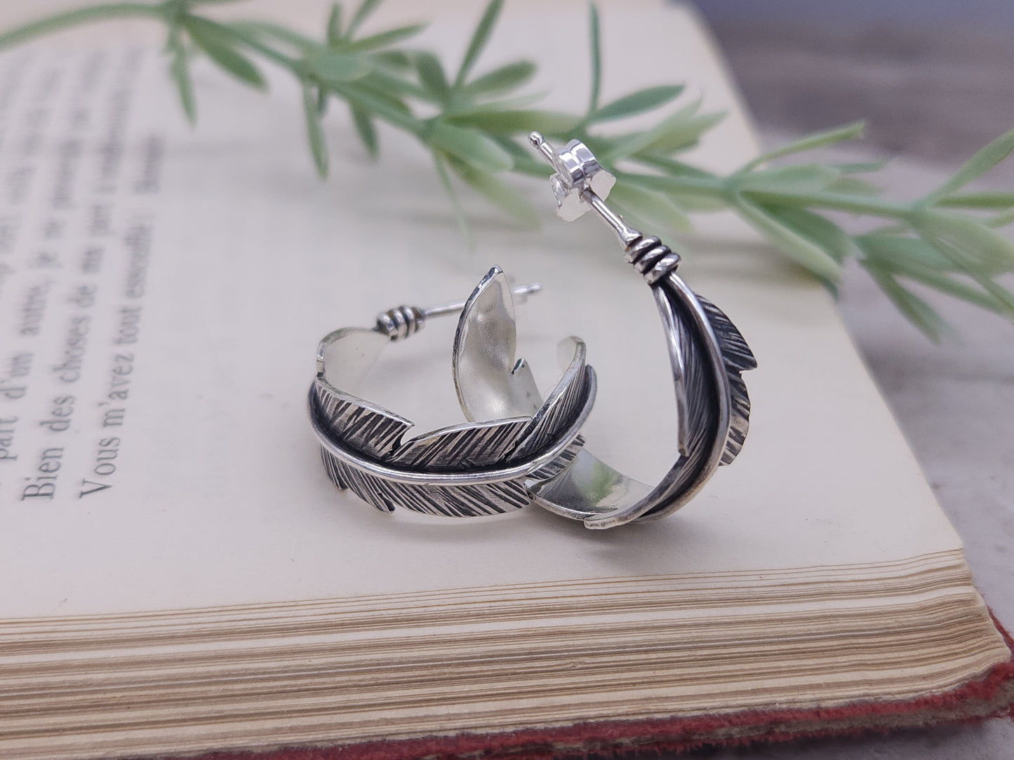 Sterling Silver Feather Hoop Earrings