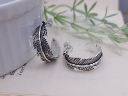 Sterling Silver Feather Hoop Earrings