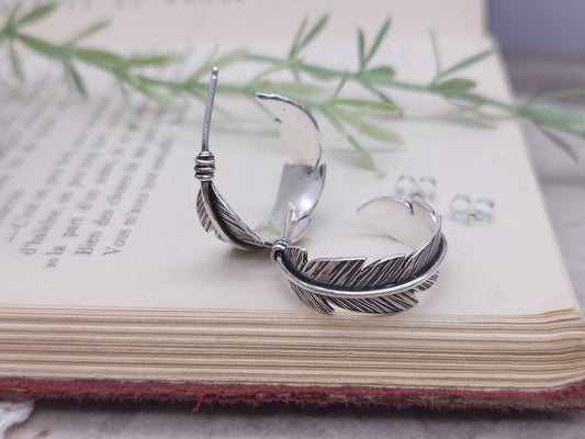 Sterling Silver Feather Hoop Earrings