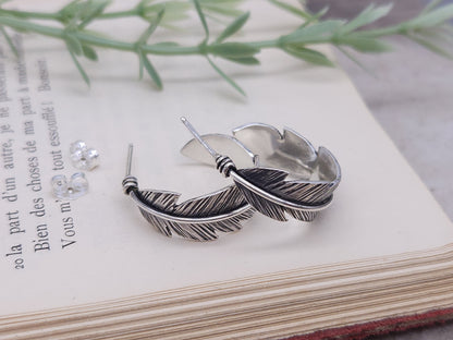 Sterling Silver Feather Hoop Earrings