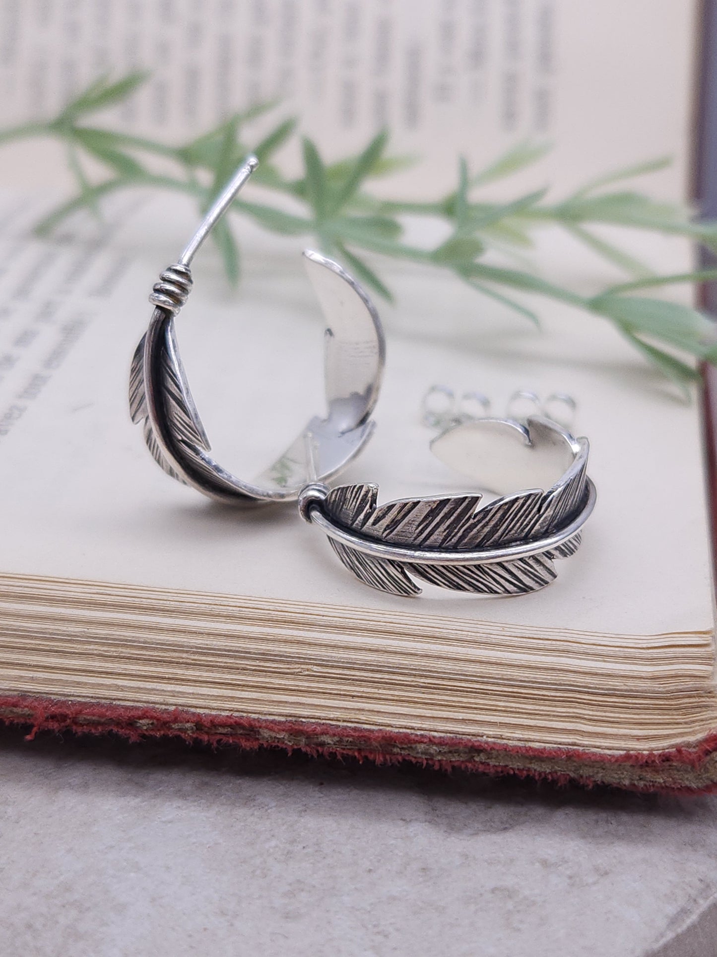 Sterling Silver Feather Hoop Earrings