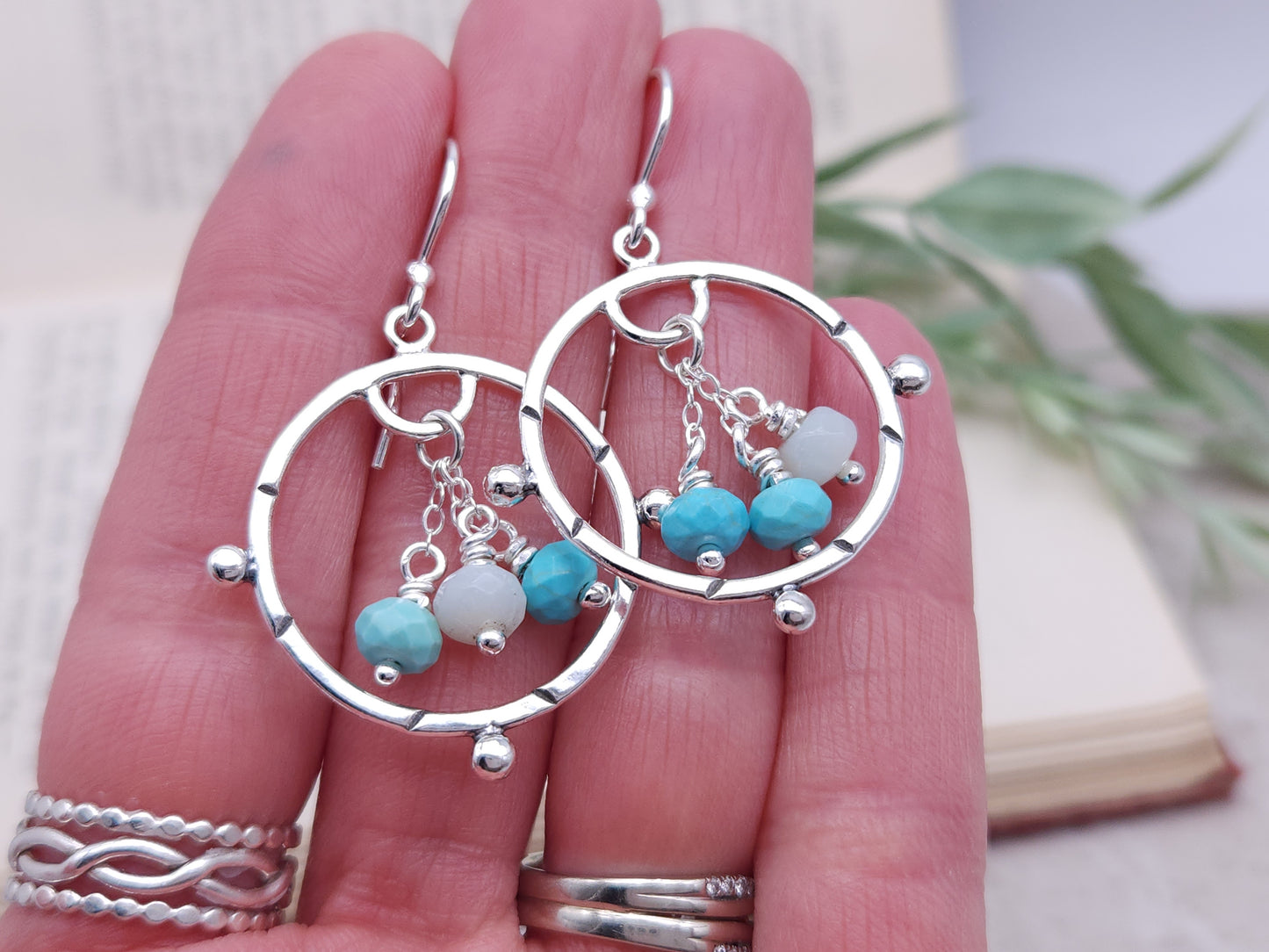 Sterling Silver & Turquoise Boho Hoop Dangle Earrings