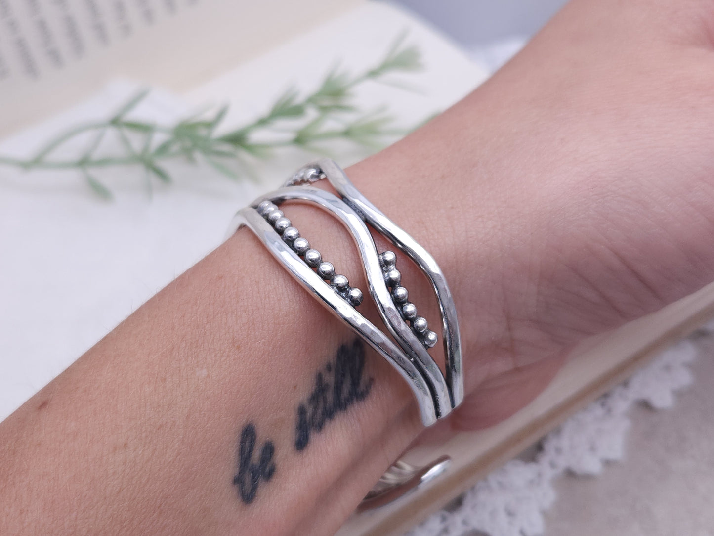 Sterling Silver Triple Wave Beaded Cuff