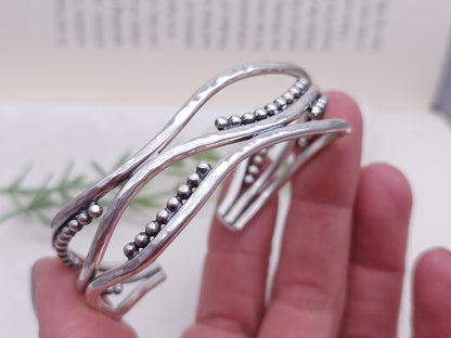 Sterling Silver Triple Wave Beaded Cuff