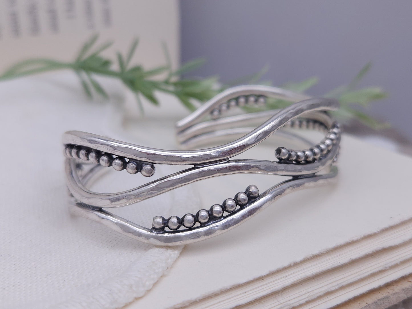 Sterling Silver Triple Wave Beaded Cuff