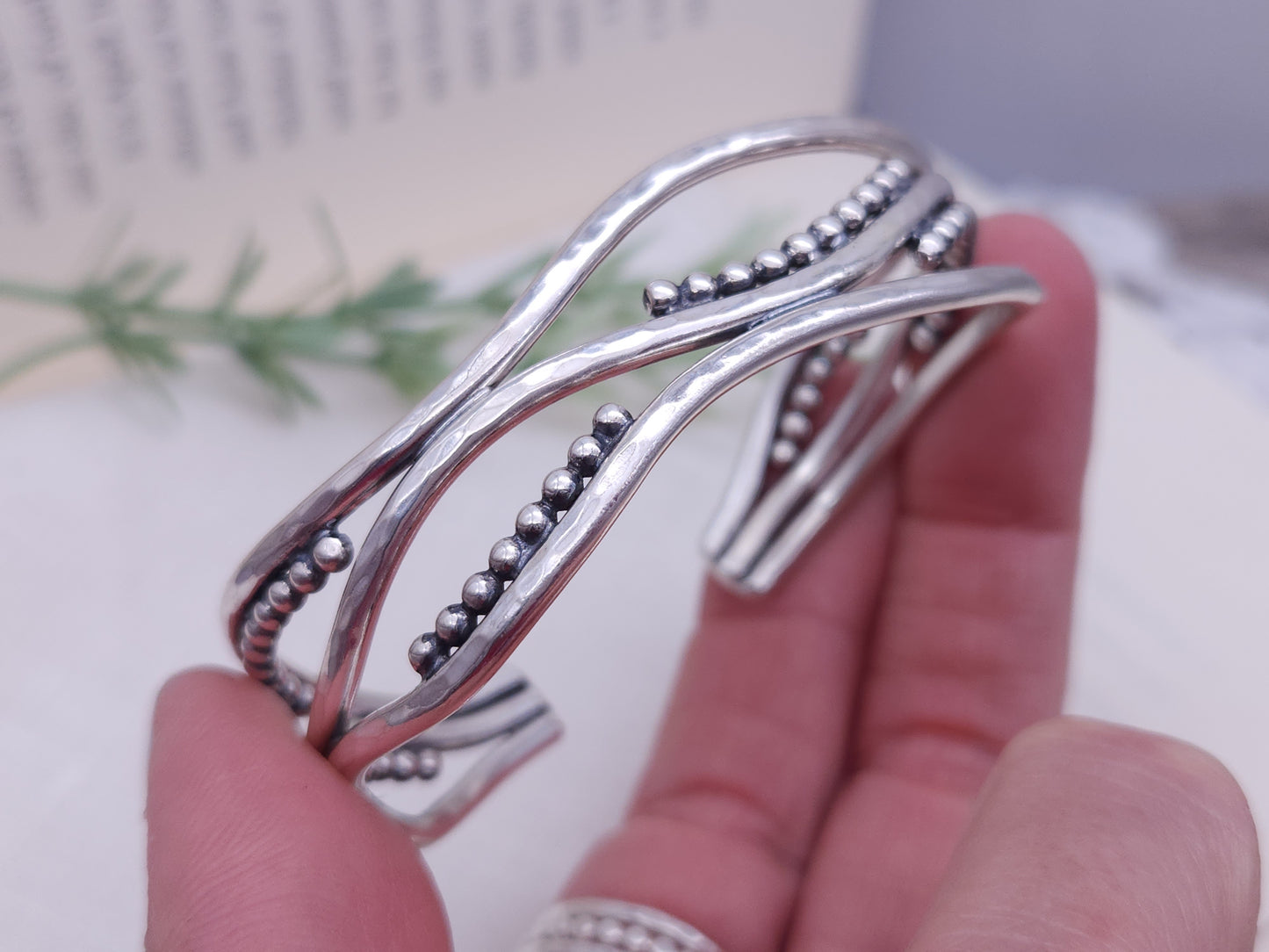 Sterling Silver Triple Wave Beaded Cuff