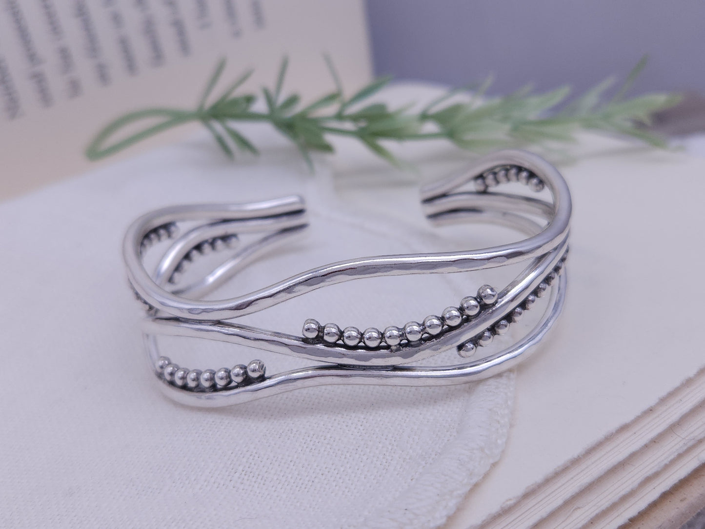 Sterling Silver Triple Wave Beaded Cuff