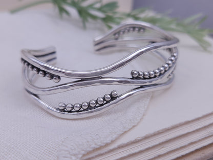 Sterling Silver Triple Wave Beaded Cuff