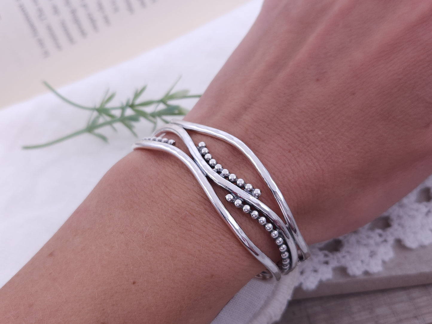 Sterling Silver Triple Wave Beaded Cuff