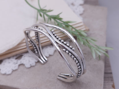 Sterling Silver Triple Wave Beaded Cuff